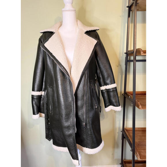 NWT! TopShop Faux Leather & Faux Shearling Dark Green Moto Jacket Size 4 - Picture 4 of 9